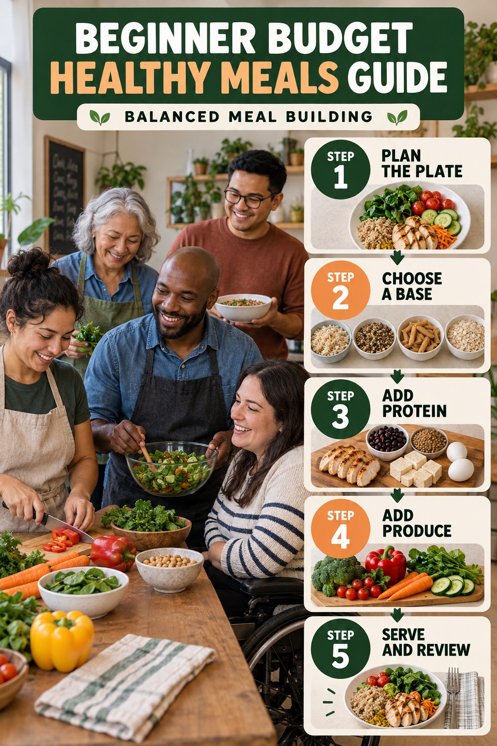 Budget Healthy Meals beginner guide graphic showing five manageable stages for balanced meal building.