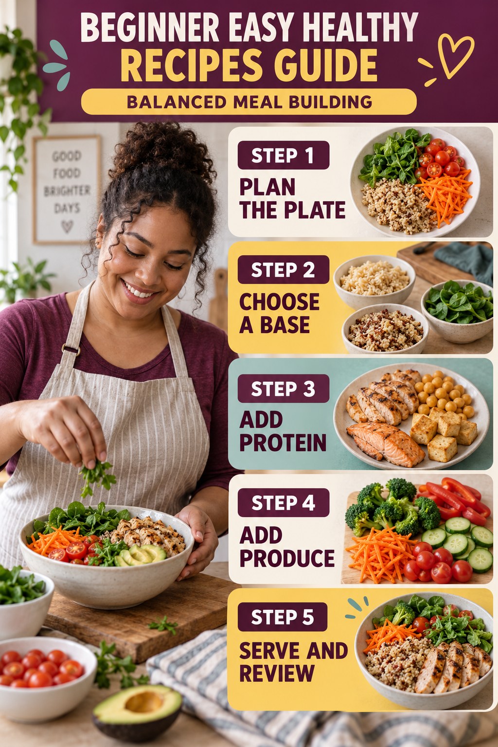 Easy Healthy Recipes beginner guide graphic showing five manageable stages for balanced meal building.