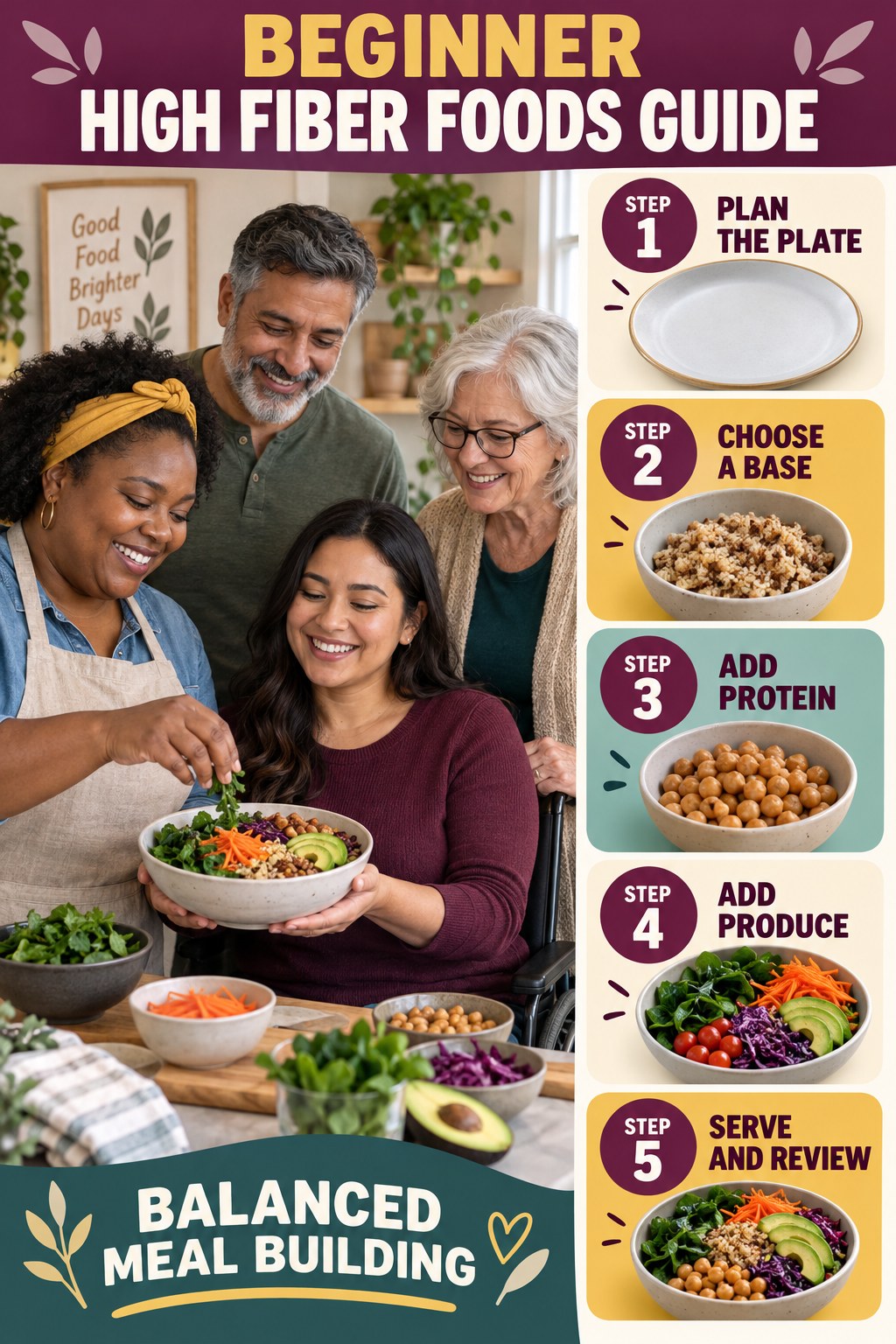 High Fiber Foods beginner guide graphic showing five manageable stages for balanced meal building.