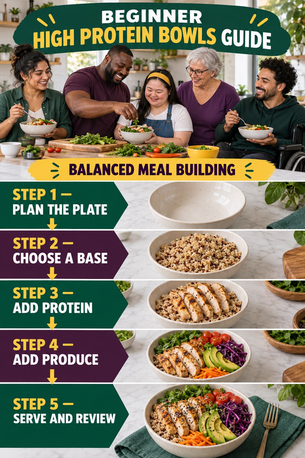 High Protein Bowls beginner guide graphic showing five manageable stages for balanced meal building.