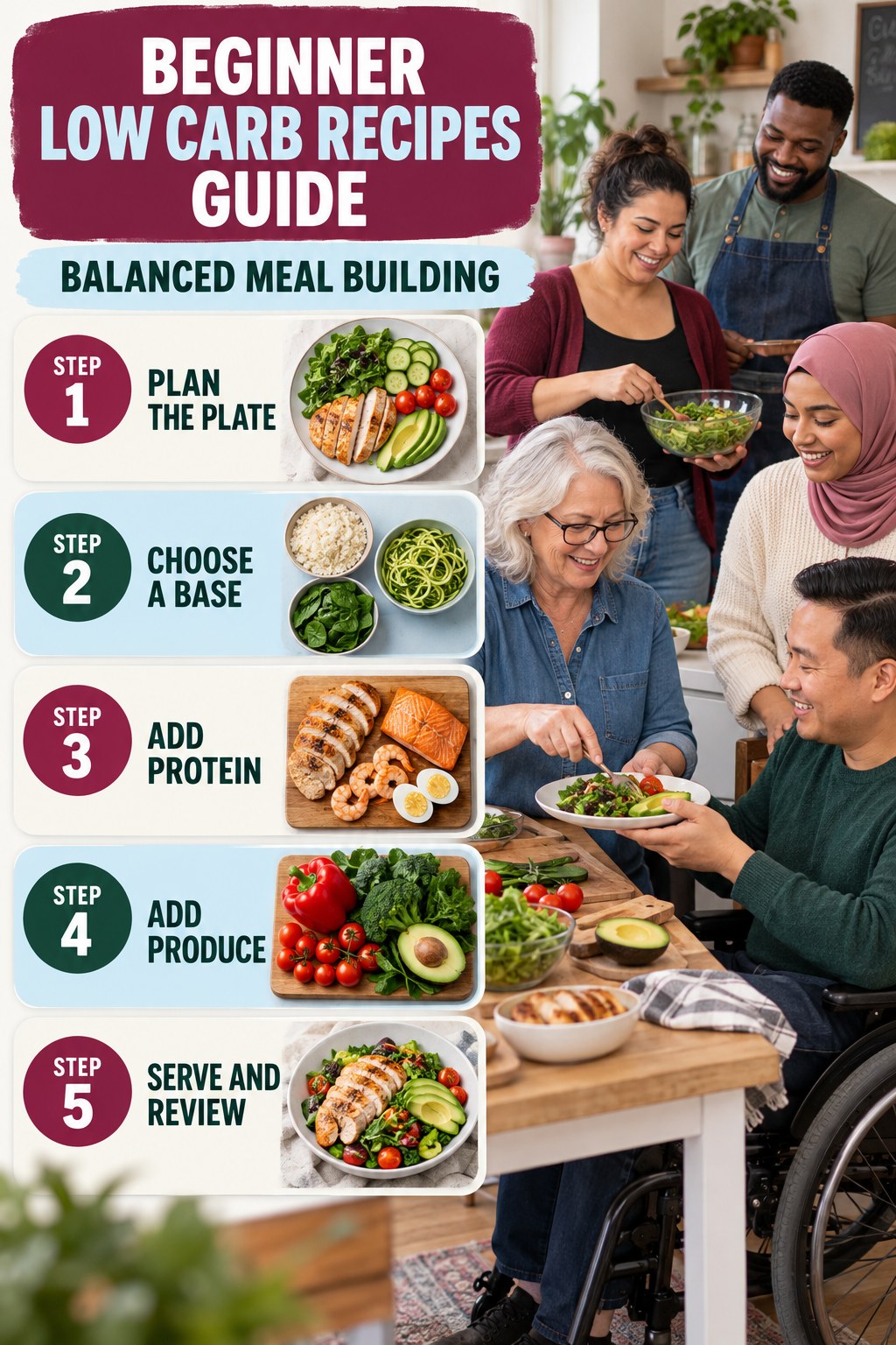Low Carb Recipes beginner guide graphic showing five manageable stages for balanced meal building.