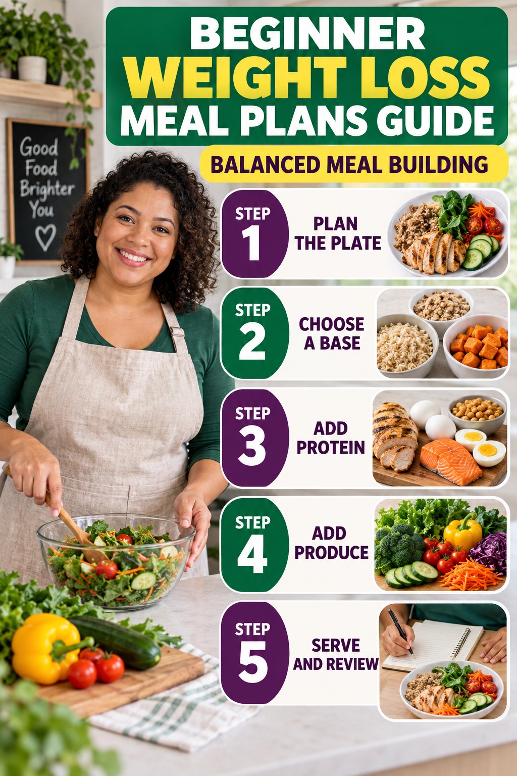 Weight Loss Meal Plans beginner guide graphic showing five manageable stages for balanced meal building.