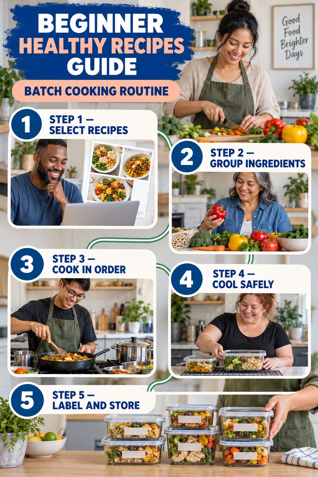 Healthy Recipes beginner guide graphic showing five manageable stages for batch cooking routine.