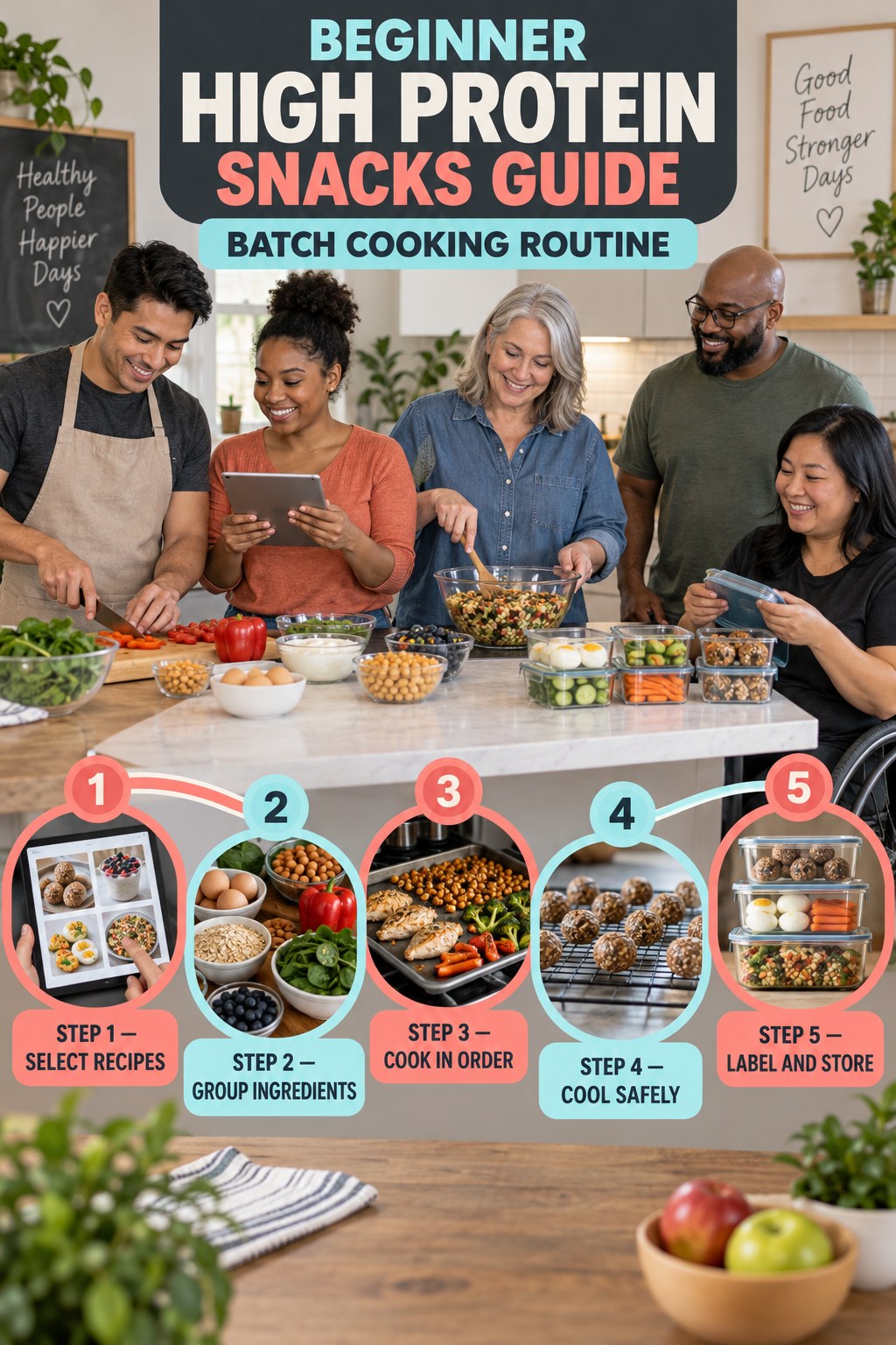 High Protein Snacks beginner guide graphic showing five manageable stages for batch cooking routine.