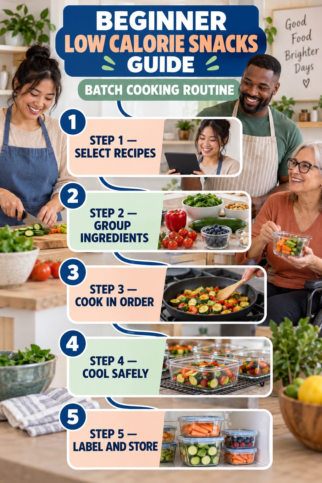 Low Calorie Snacks beginner guide graphic showing five manageable stages for batch cooking routine.