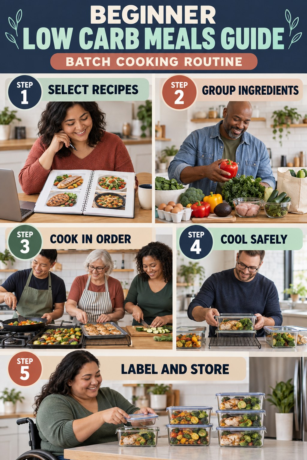 Low Carb Meals beginner guide graphic showing five manageable stages for batch cooking routine.