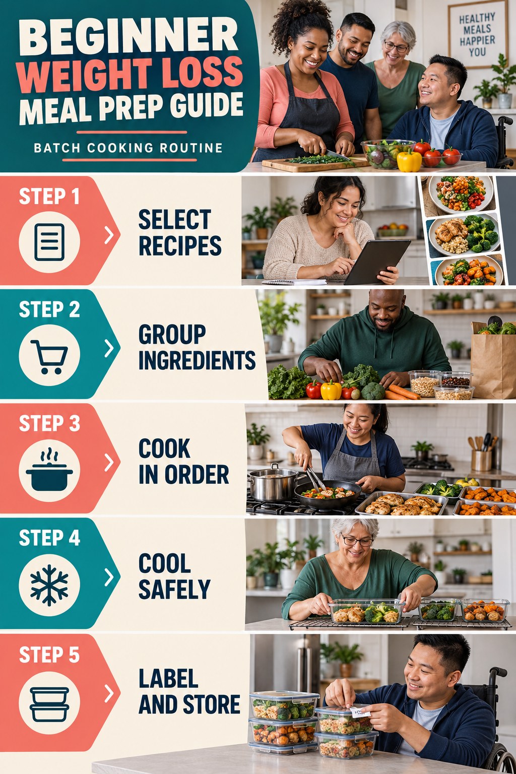 Weight Loss Meal Prep beginner guide graphic showing five manageable stages for batch cooking routine.