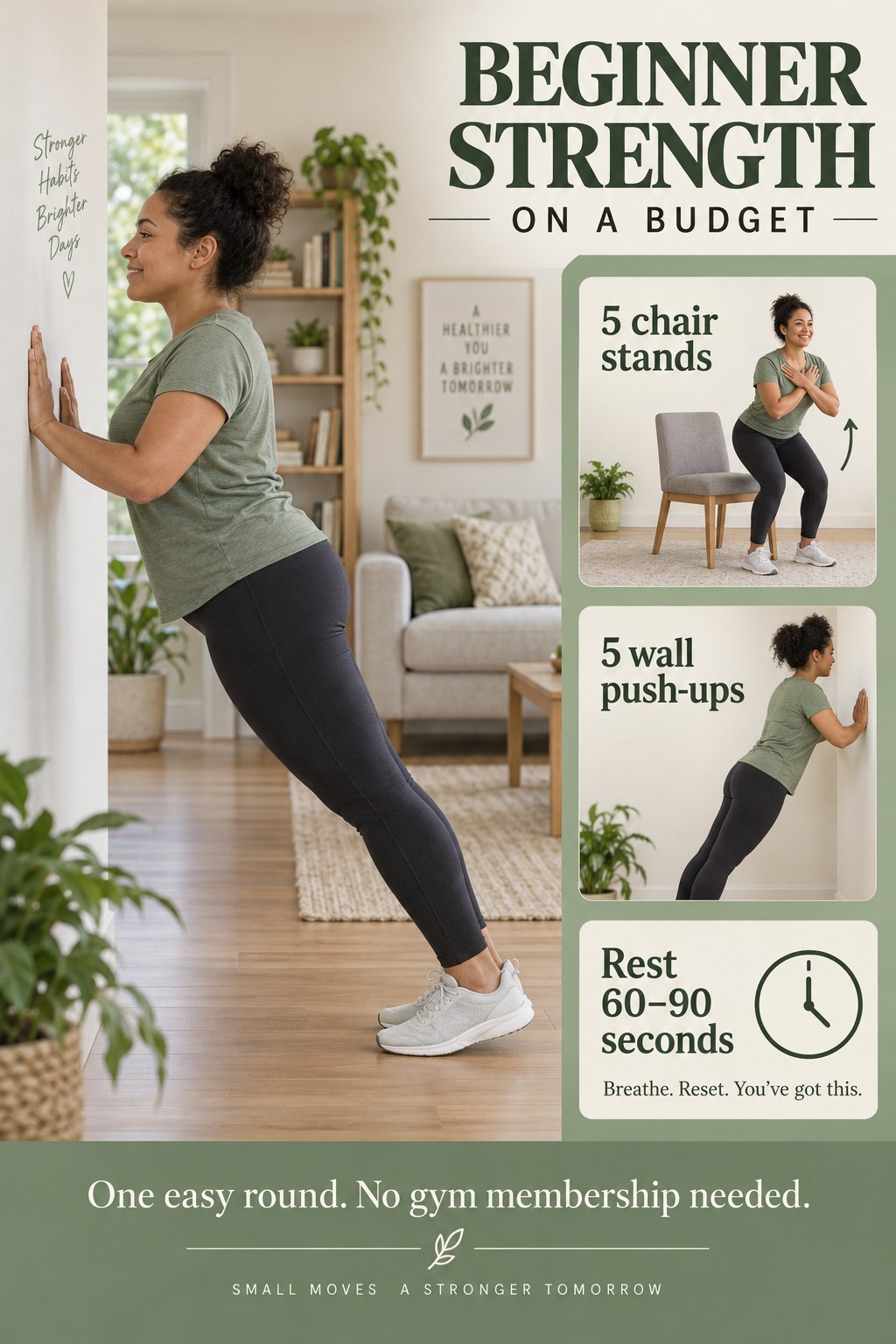 Beginner strength infographic shows chair stands and wall push-ups with five repetitions and 60–90 seconds of rest.