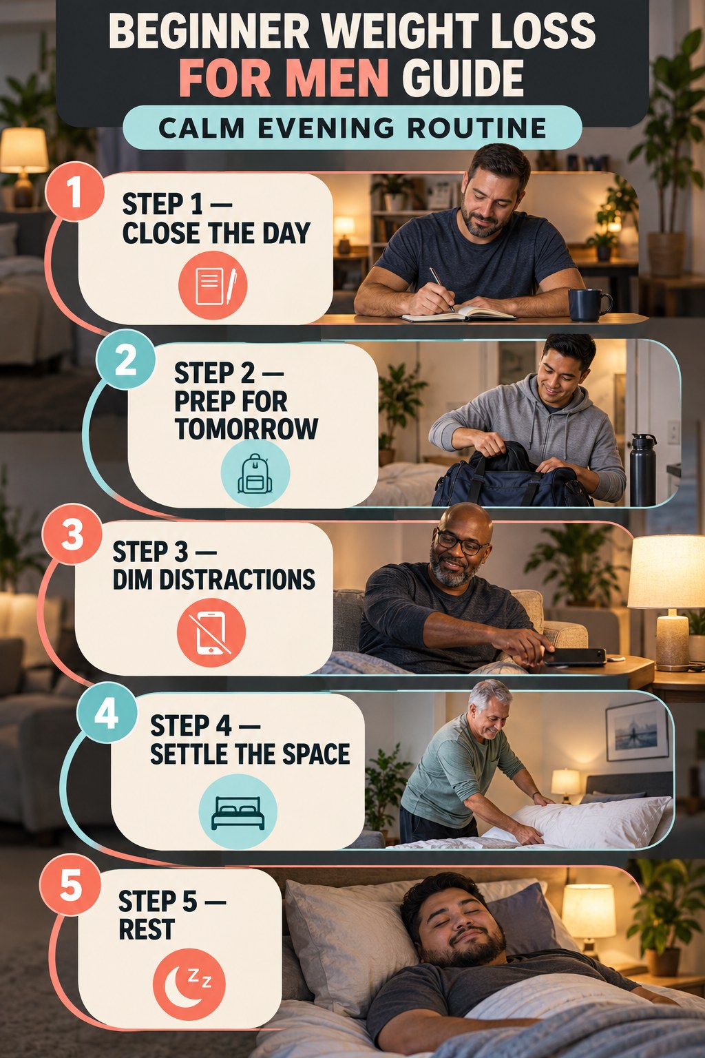 Weight Loss for Men beginner guide graphic showing five manageable stages for calm evening routine.