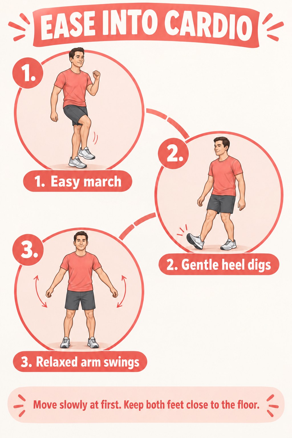 Three illustrated circles demonstrate an easy low march, gentle heel dig, and relaxed arm swings for a beginner warm-up.