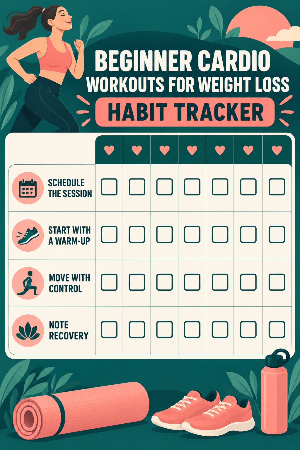 Beginner Cardio Workouts for Weight Loss Habit Tracker infographic with checkboxes for schedule the session, start with a warm-up, move with control, note recovery.