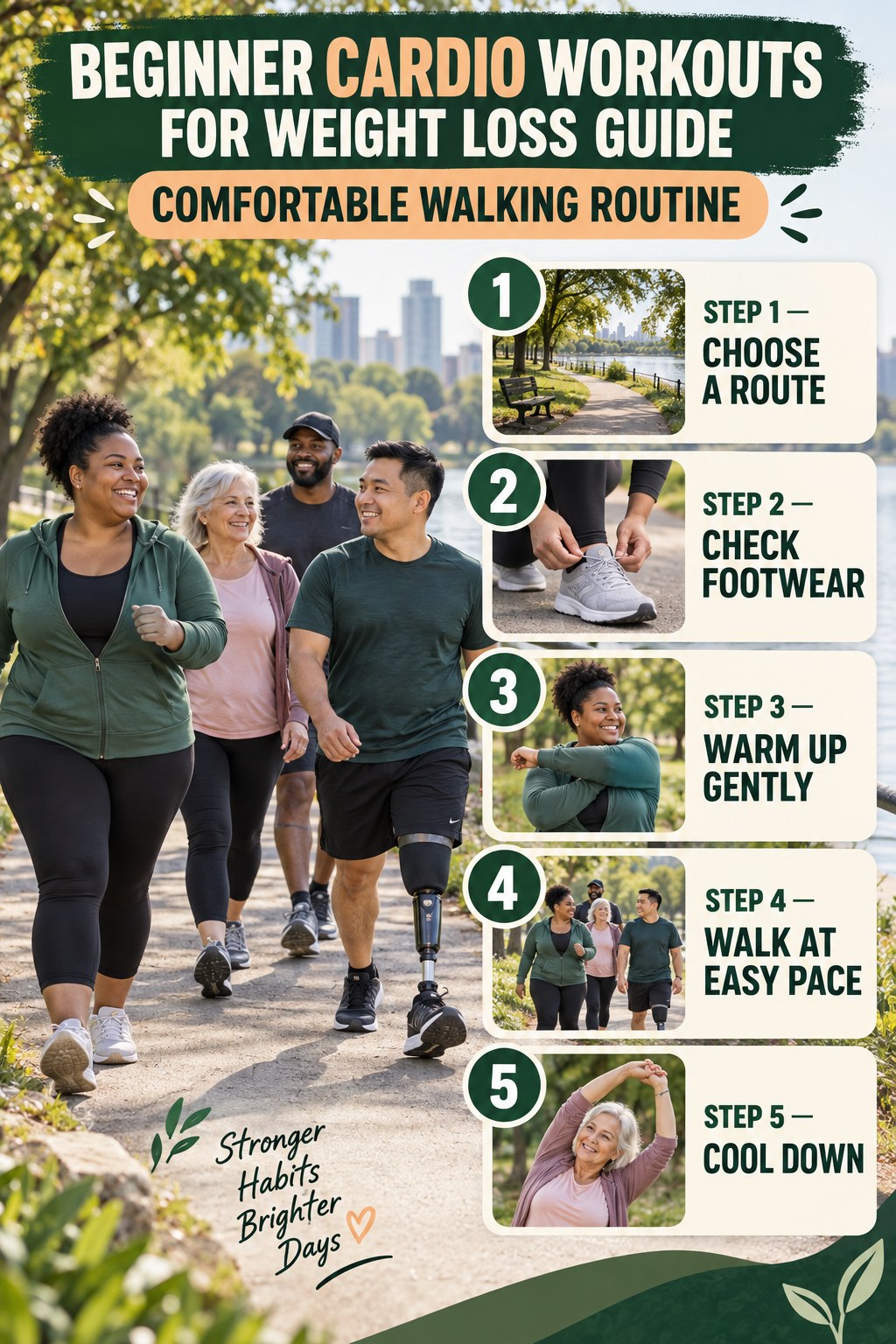 Cardio Workouts for Weight Loss beginner guide graphic showing five manageable stages for comfortable walking routine.