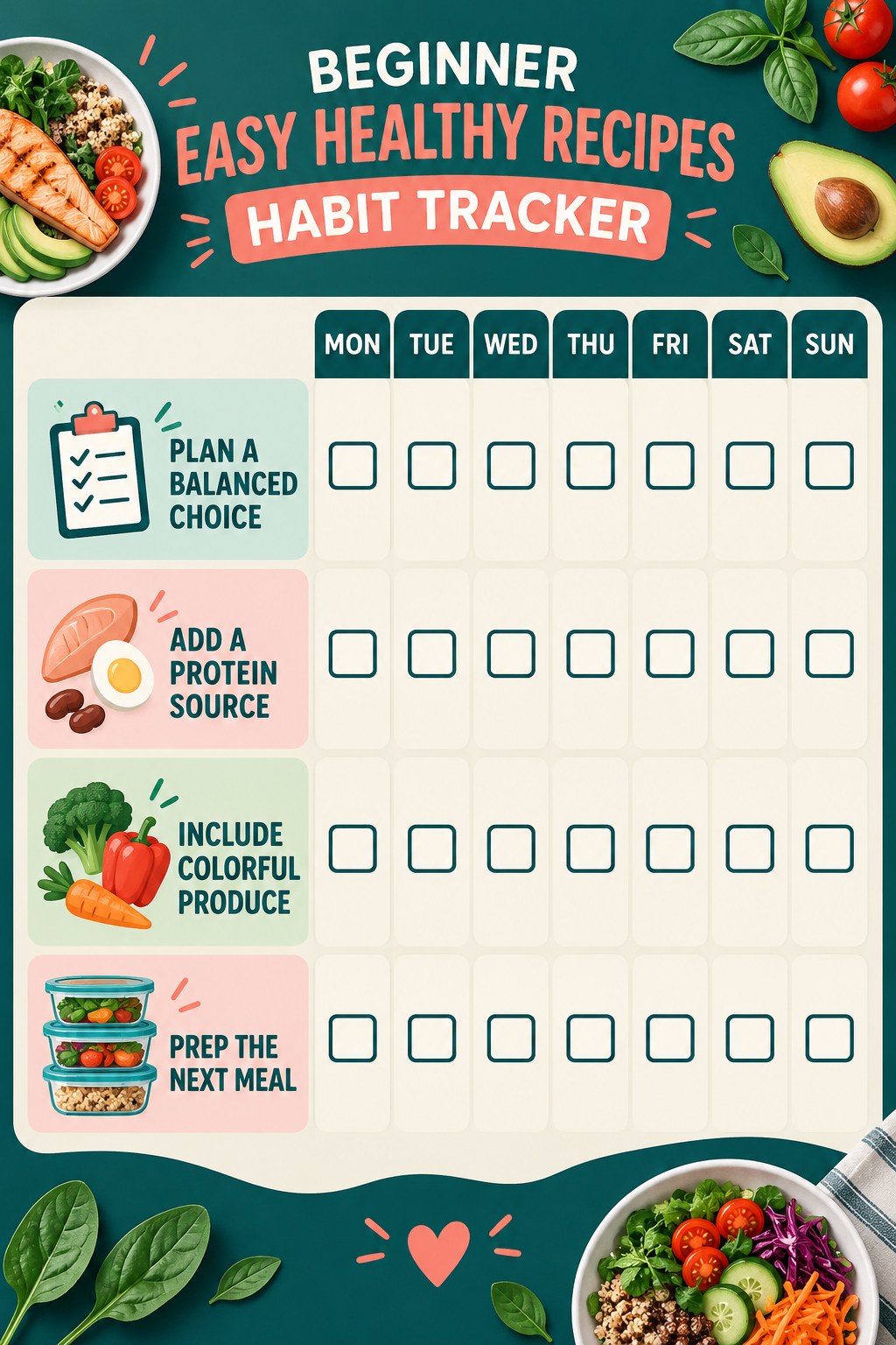 Beginner Easy Healthy Recipes Habit Tracker infographic with checkboxes for plan a balanced choice, add a protein source, include colorful produce, prep the next meal.