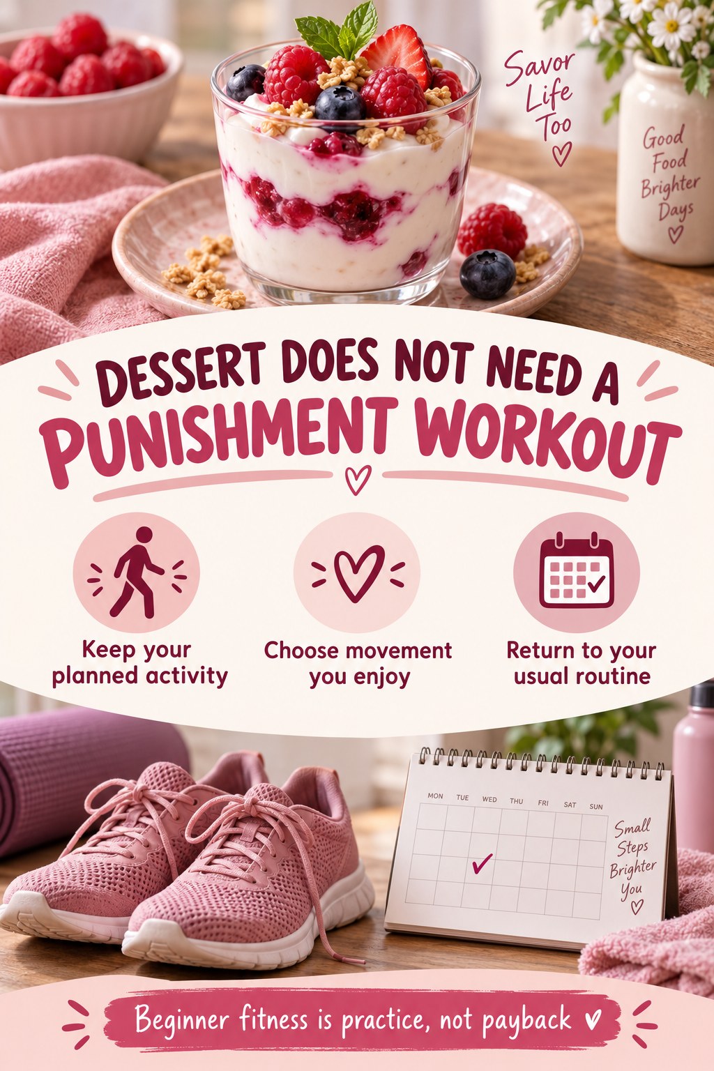 Berry dessert, shoes, and a calendar surround reminders to keep planned activity and avoid punishment workouts.