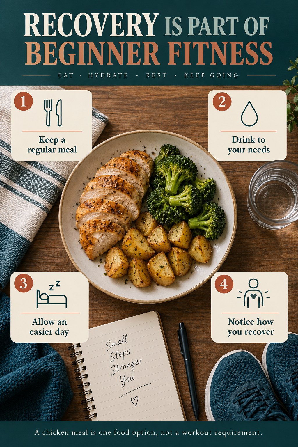A chicken, potato, and broccoli plate is surrounded by four beginner recovery checklist cards and a water glass.
