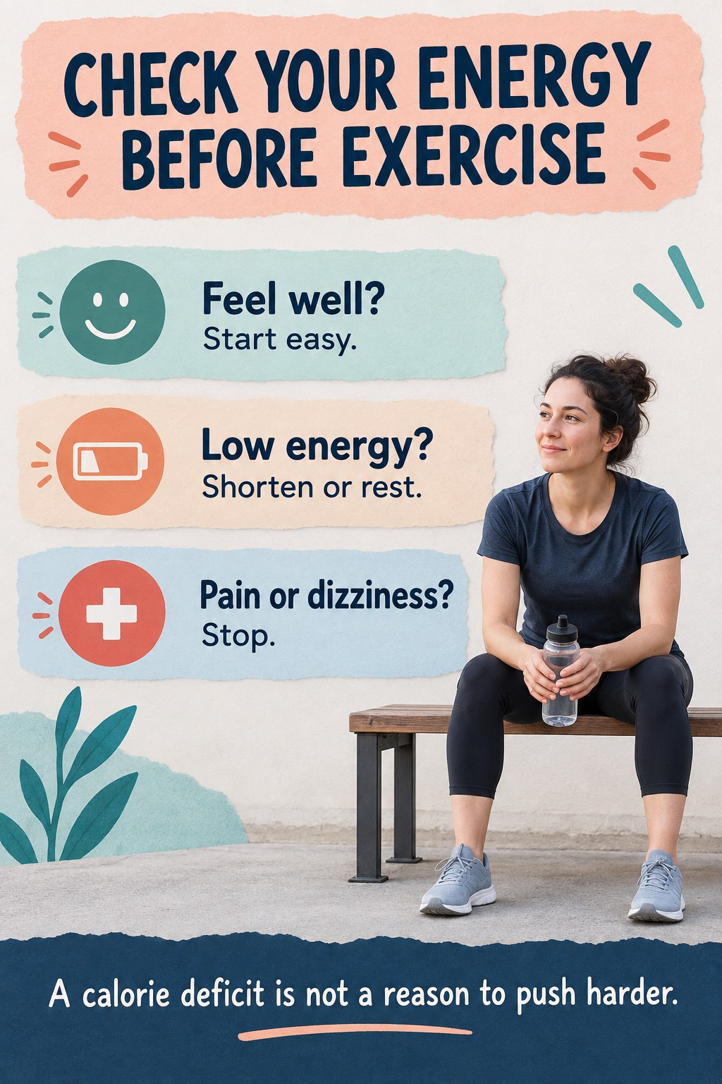 Three energy-check strips advise starting easy, shortening or resting, and stopping for pain or dizziness before exercise.