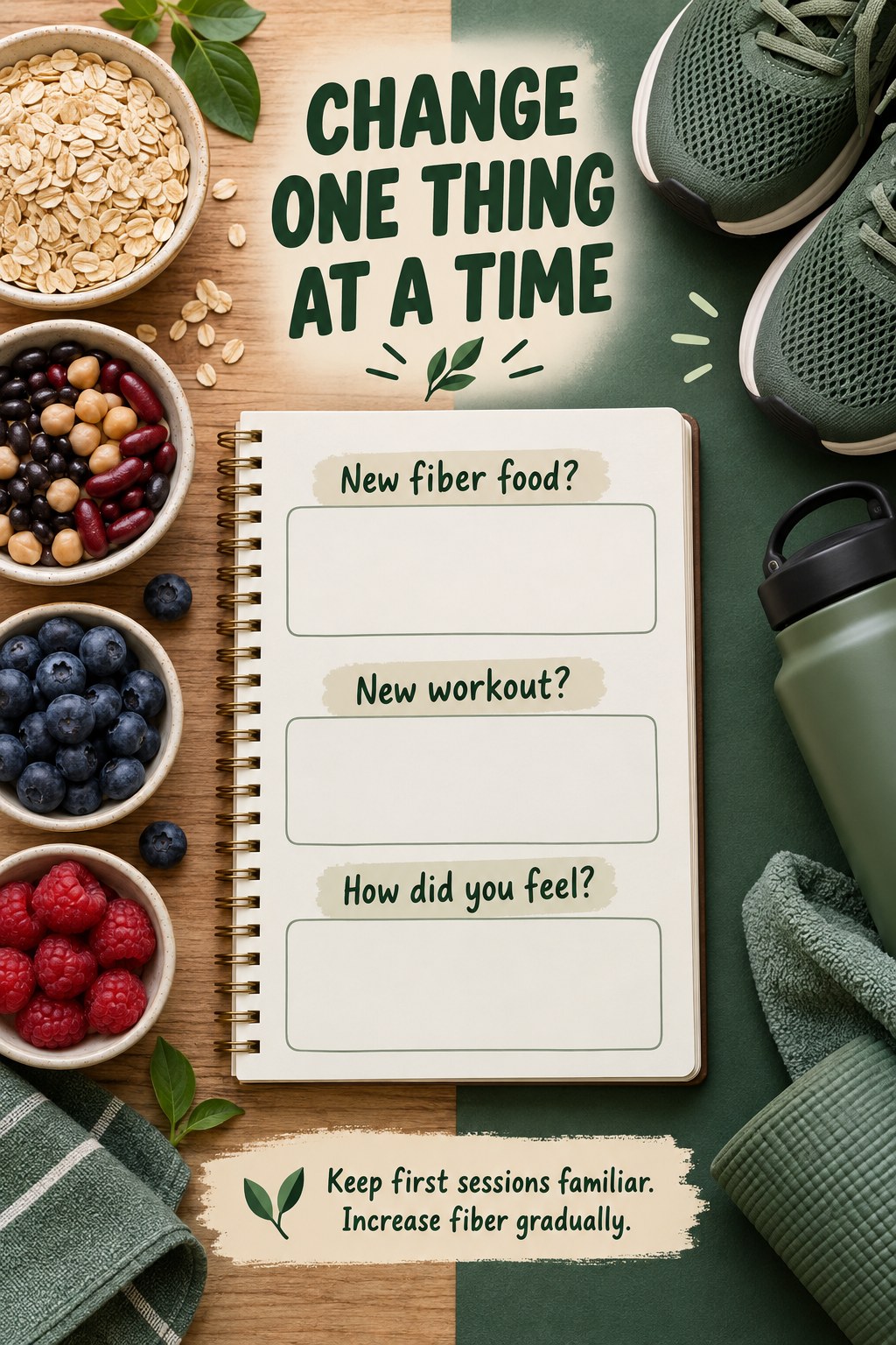 Oats, beans, berries, and shoes surround a notebook asking about new fiber foods, a new workout, and how you felt.