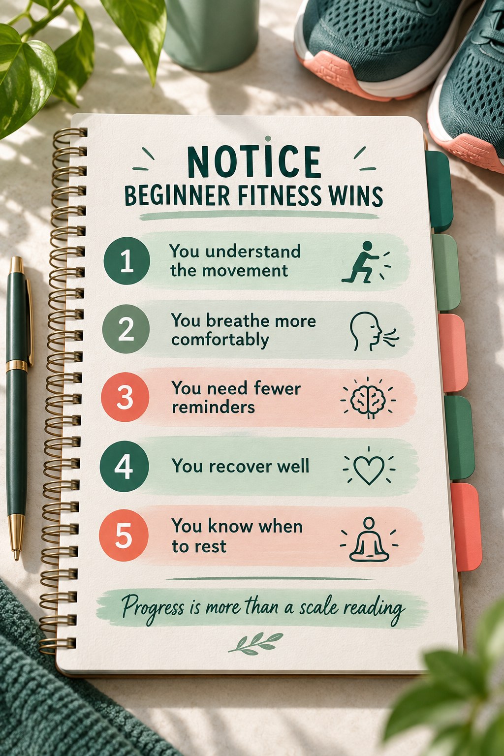 A five-tab notebook lists beginner fitness wins involving movement understanding, breathing, reminders, recovery, and rest.