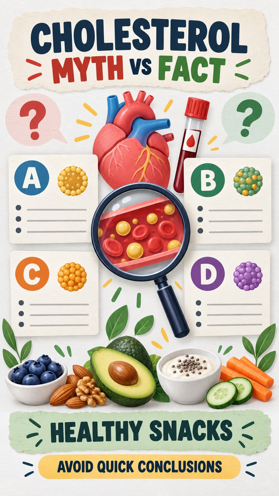 Cholesterol Myth Versus Fact infographic for Healthy Snacks, using a non-numerical educational lipid-panel layout with question and context icons.