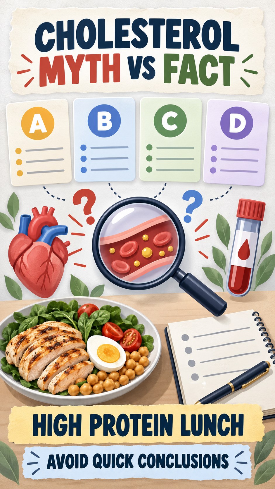 Cholesterol Myth Versus Fact infographic for High Protein Lunch, using a non-numerical educational lipid-panel layout with question and context icons.