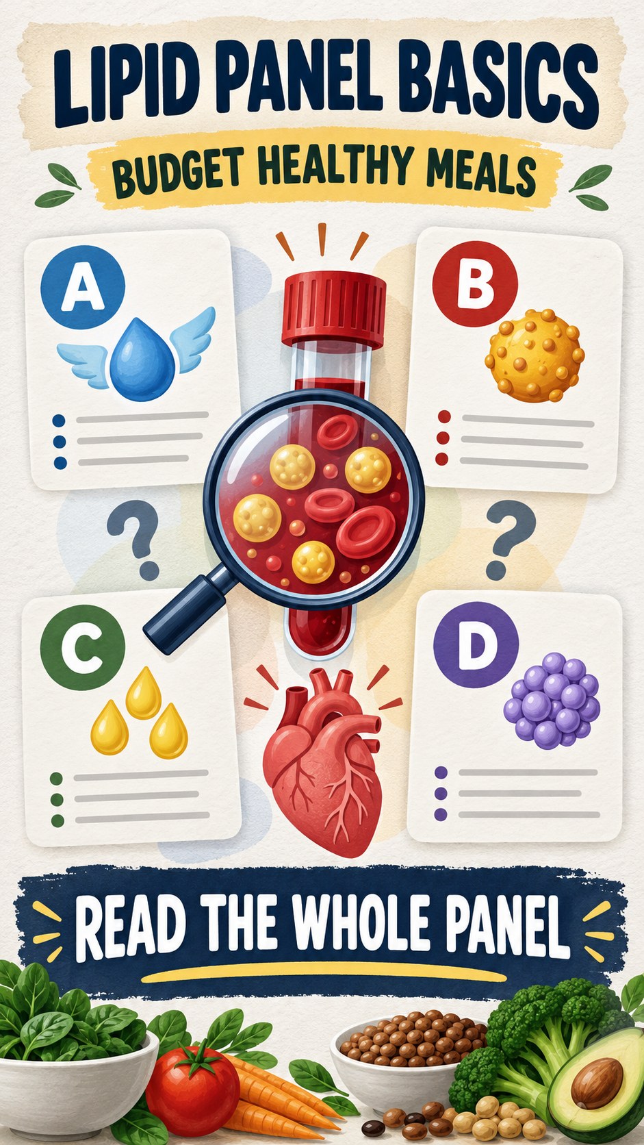 Lipid Panel Basics infographic for Budget Healthy Meals, using a non-numerical educational lipid-panel layout with question and context icons.