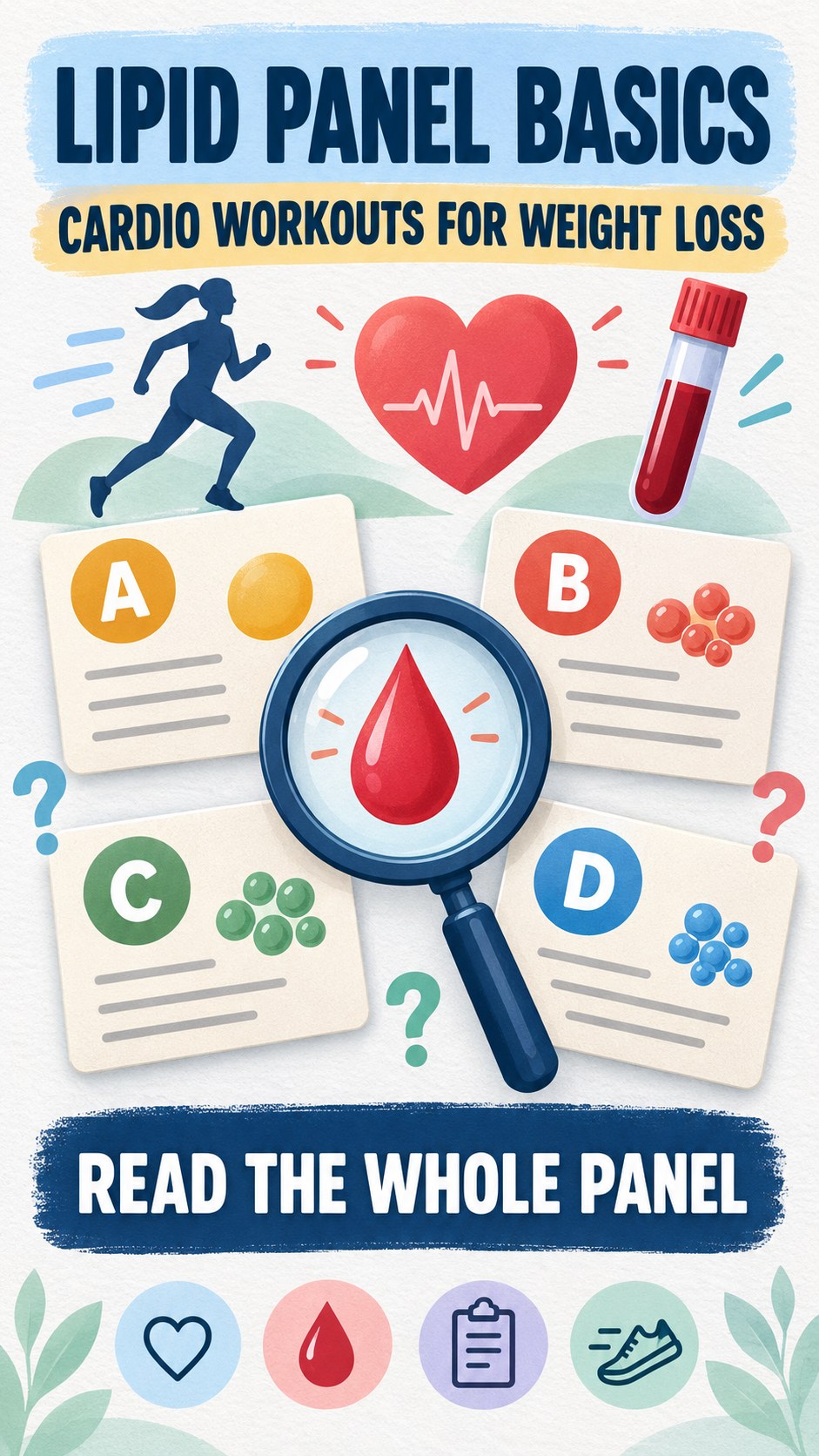 Lipid Panel Basics infographic for Cardio Workouts for Weight Loss, using a non-numerical educational lipid-panel layout with question and context icons.