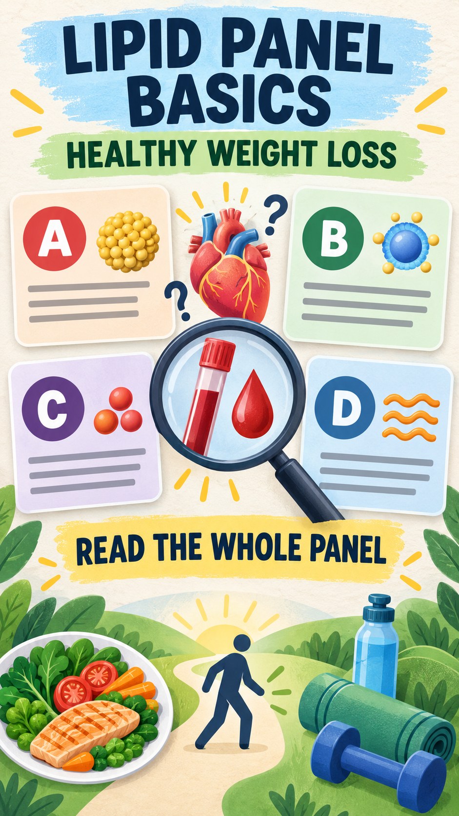 Lipid Panel Basics infographic for Healthy Weight Loss, using a non-numerical educational lipid-panel layout with question and context icons.