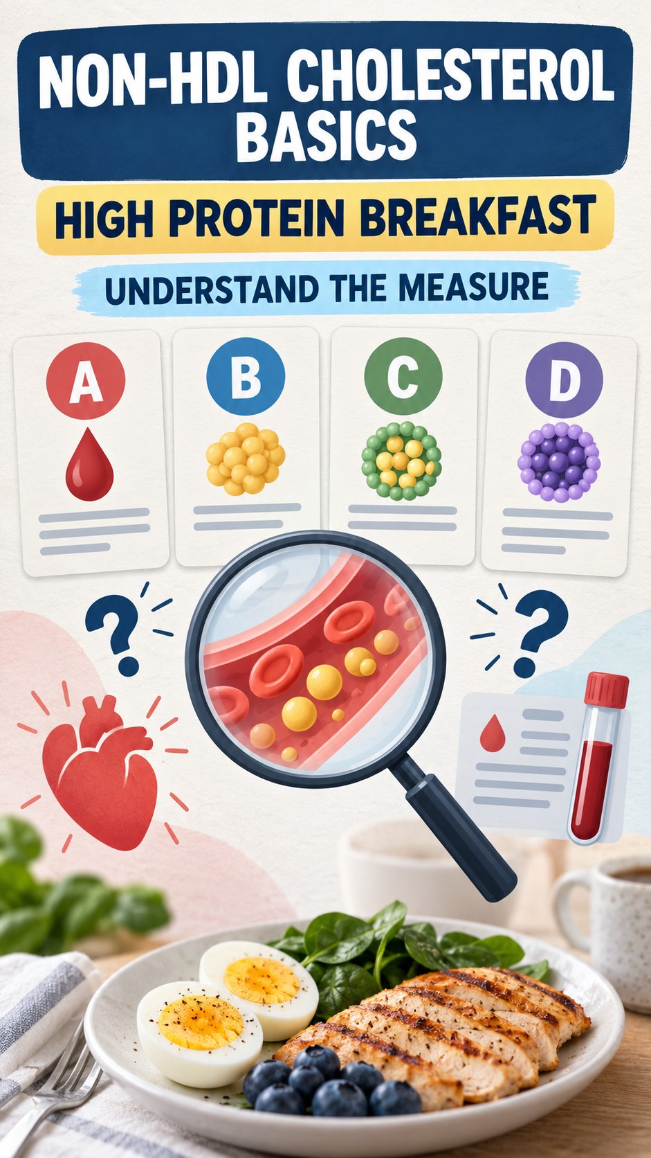 Non-HDL Cholesterol Basics infographic for High Protein Breakfast, using a non-numerical educational lipid-panel layout with question and context icons.