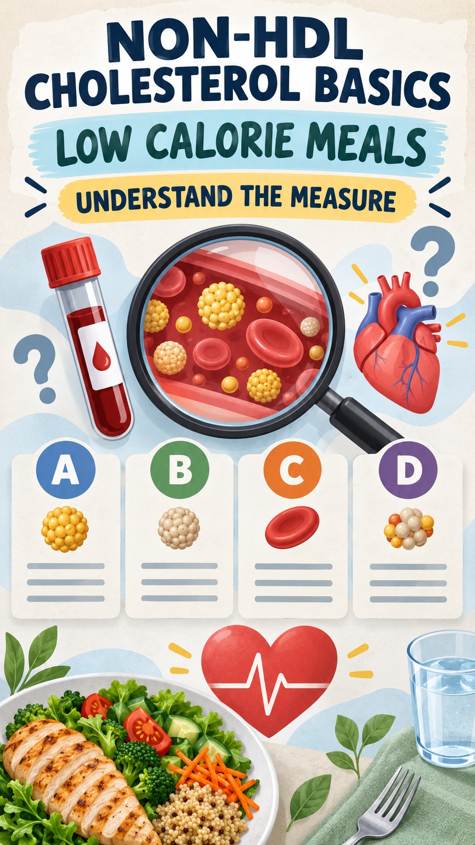 Non-HDL Cholesterol Basics infographic for Low Calorie Meals, using a non-numerical educational lipid-panel layout with question and context icons.
