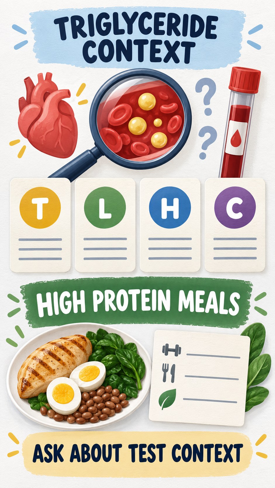 Triglyceride Context Checklist infographic for High Protein Meals, using a non-numerical educational lipid-panel layout with question and context icons.