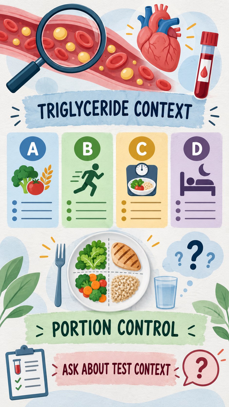 Triglyceride Context Checklist infographic for Portion Control, using a non-numerical educational lipid-panel layout with question and context icons.