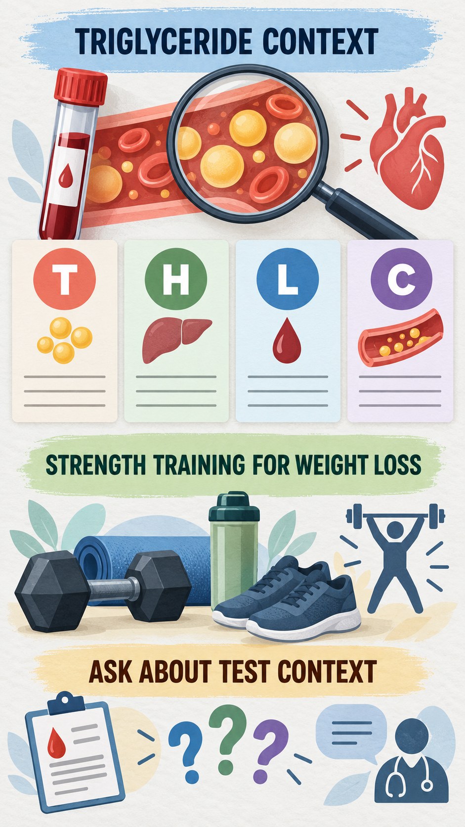 Triglyceride Context Checklist infographic for Strength Training for Weight Loss, using a non-numerical educational lipid-panel layout with question and context icons.