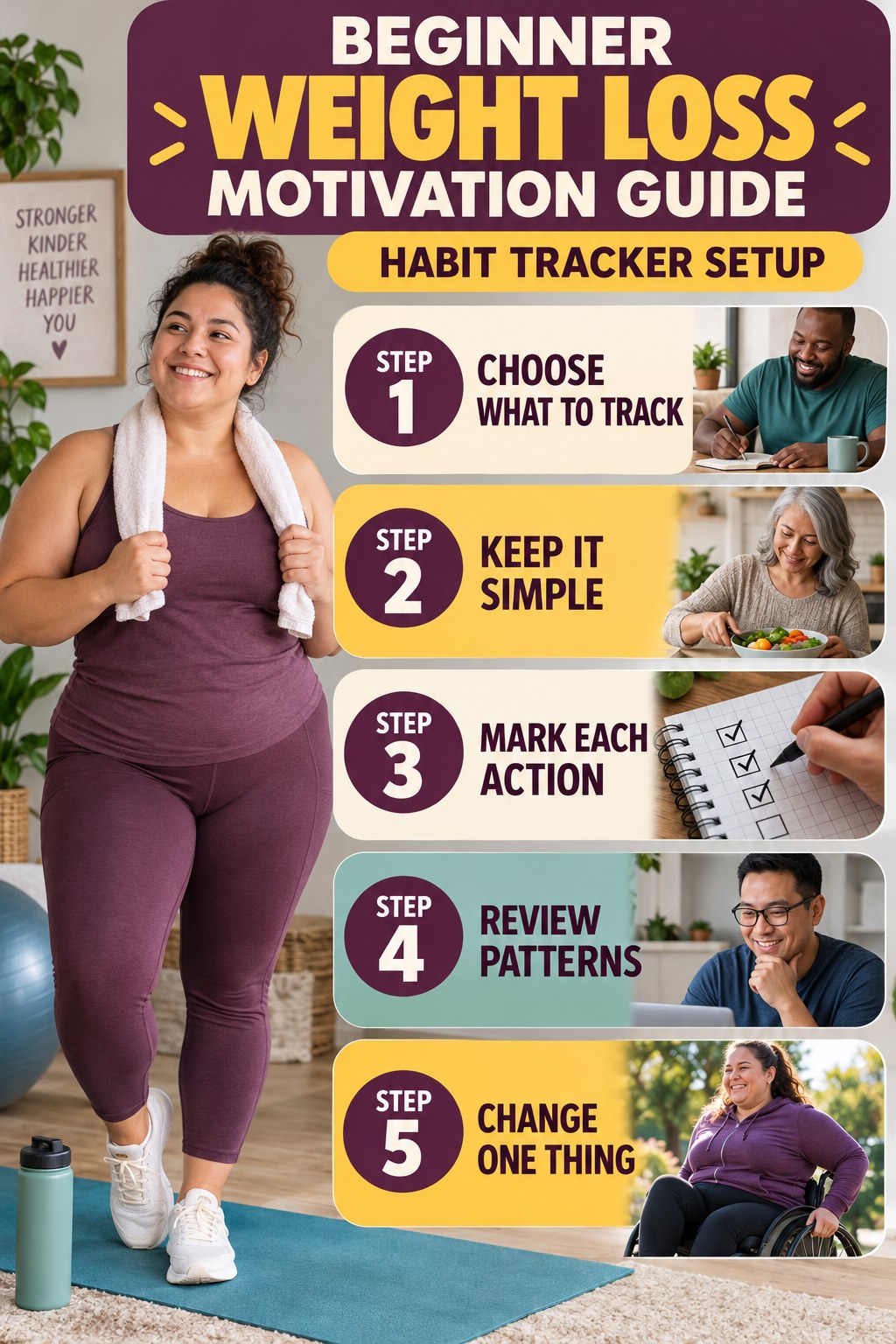 Weight Loss Motivation beginner guide graphic showing five manageable stages for habit tracker setup.