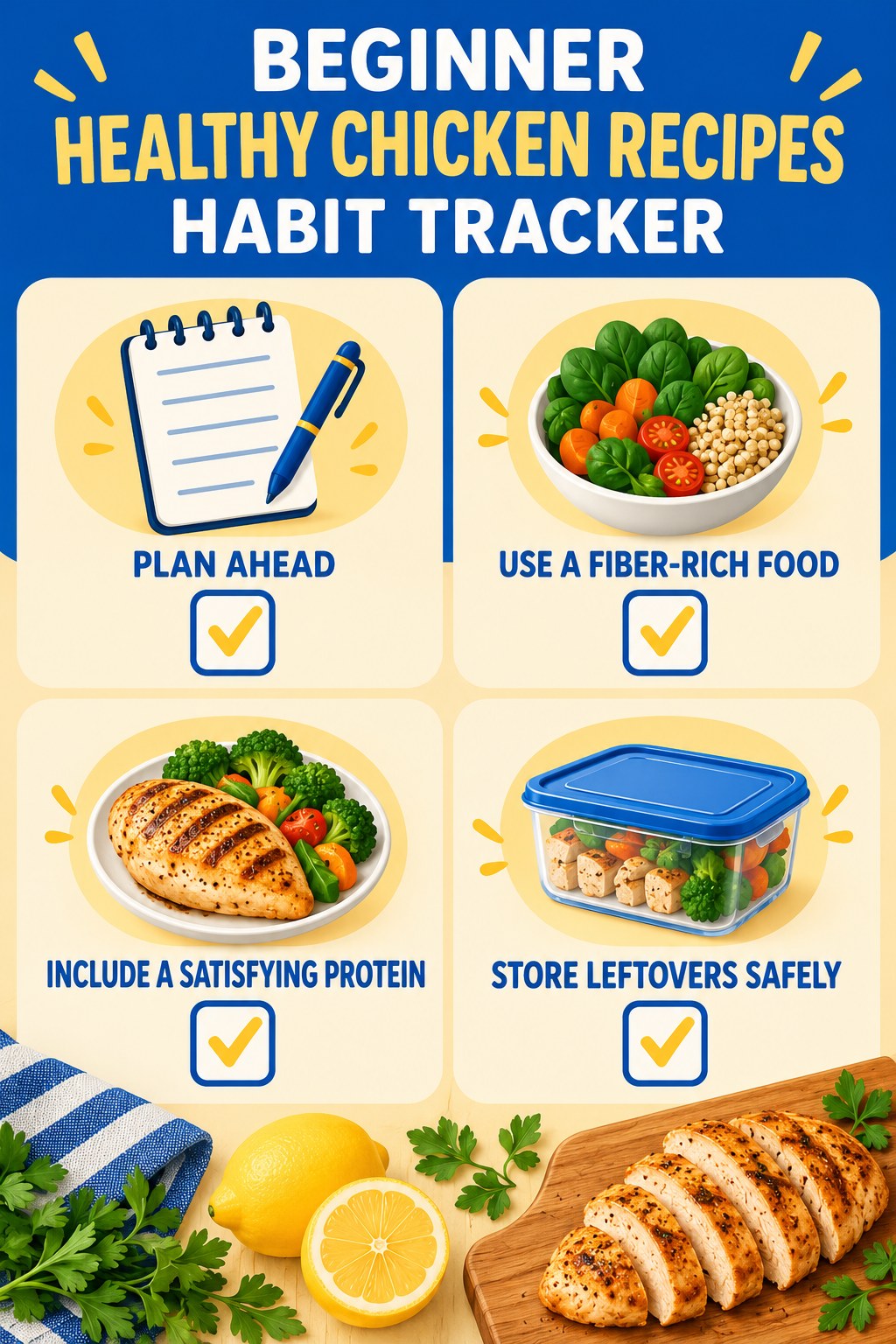 Beginner Healthy Chicken Recipes Habit Tracker infographic with checkboxes for plan ahead, use a fiber-rich food, include a satisfying protein, store leftovers safely.