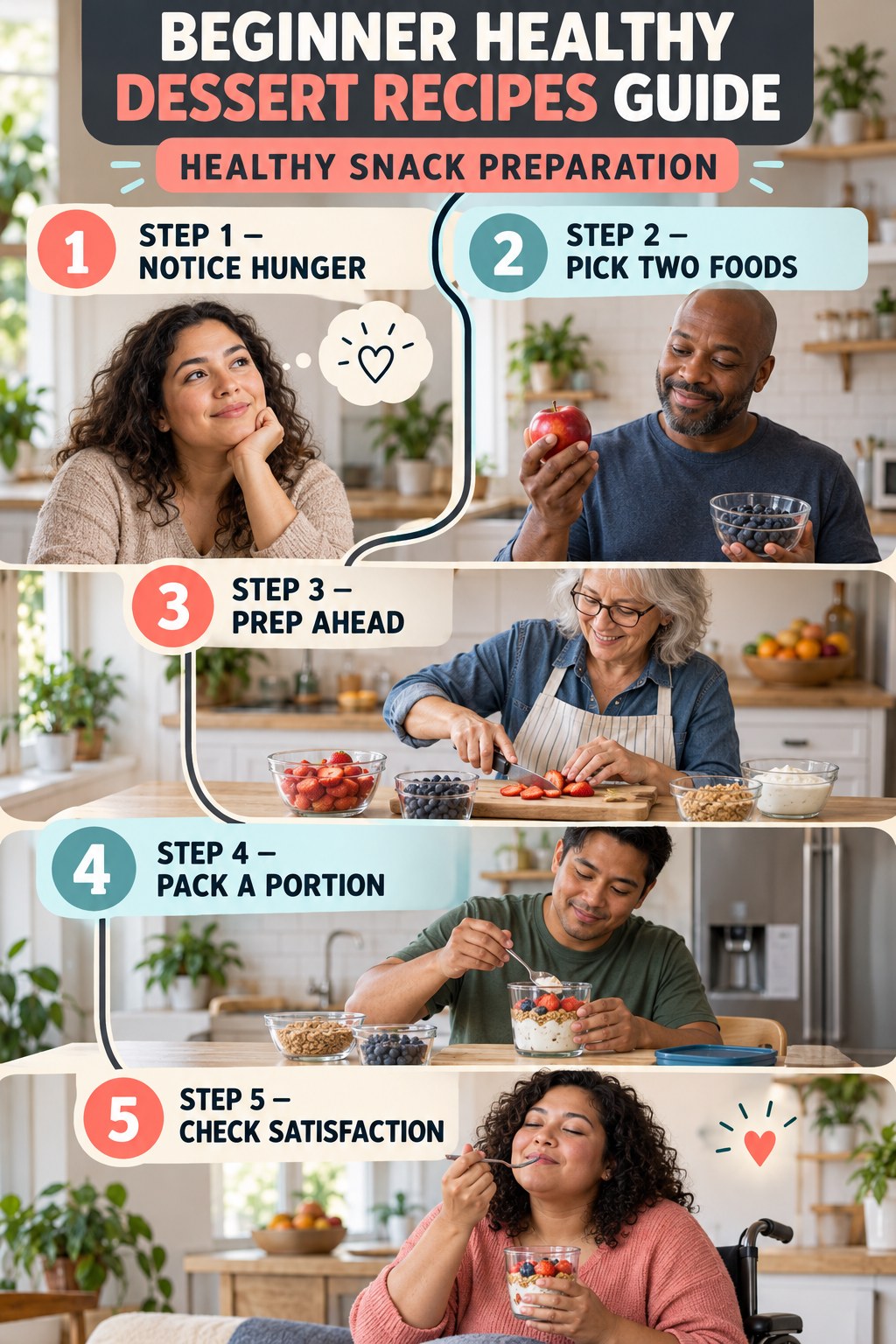 Healthy Dessert Recipes beginner guide graphic showing five manageable stages for healthy snack preparation.