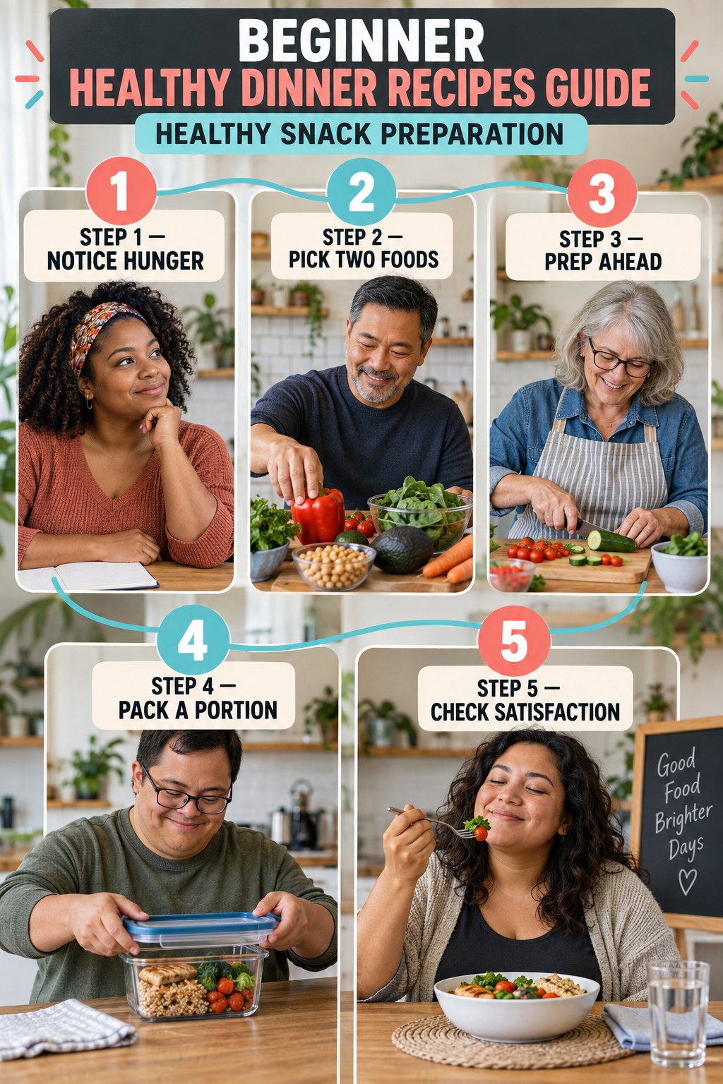 Healthy Dinner Recipes beginner guide graphic showing five manageable stages for healthy snack preparation.