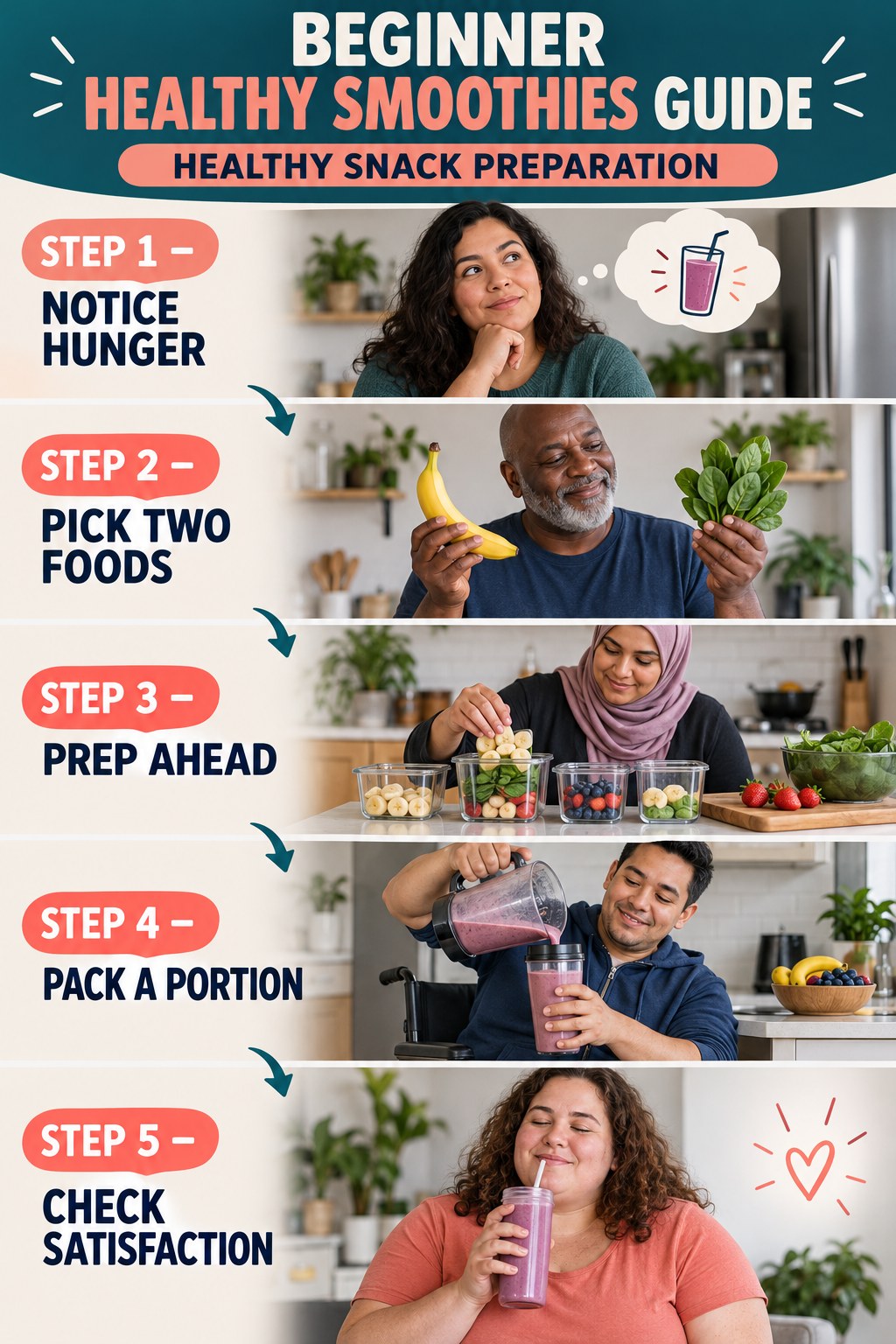Healthy Smoothies beginner guide graphic showing five manageable stages for healthy snack preparation.