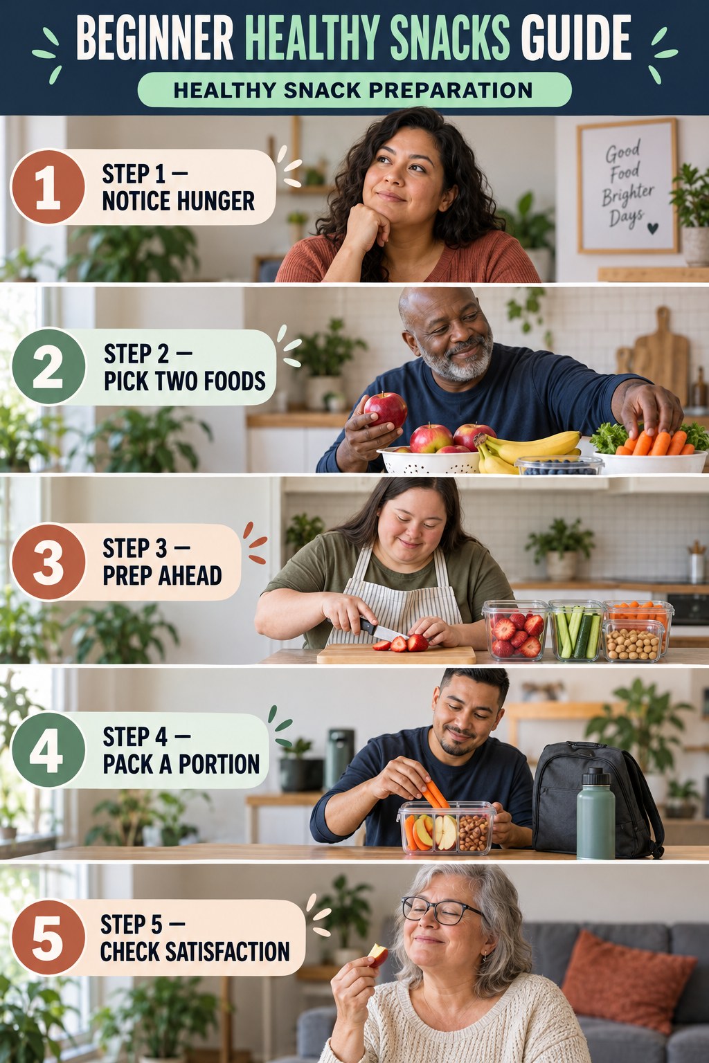 Healthy Snacks beginner guide graphic showing five manageable stages for healthy snack preparation.