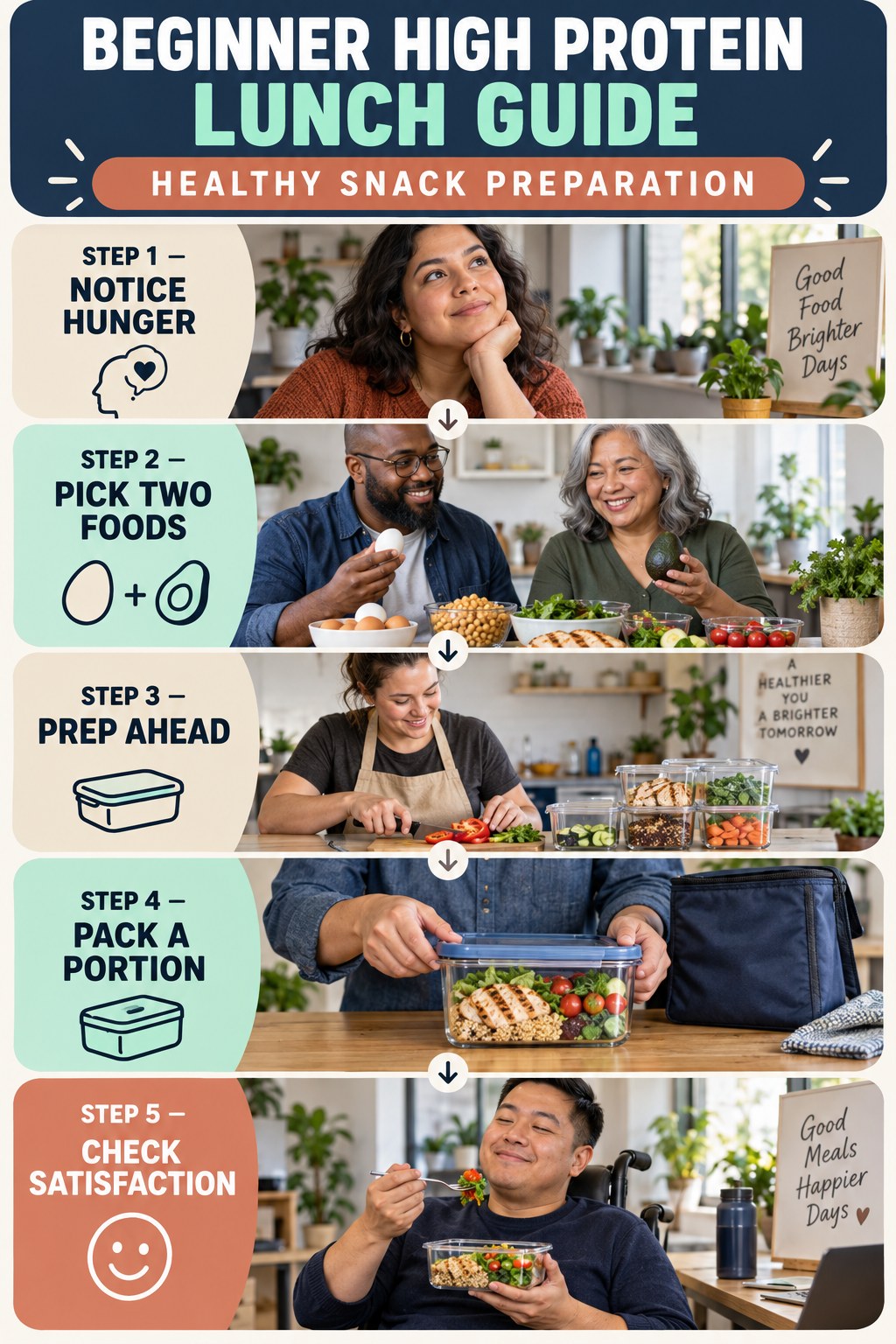 High Protein Lunch beginner guide graphic showing five manageable stages for healthy snack preparation.
