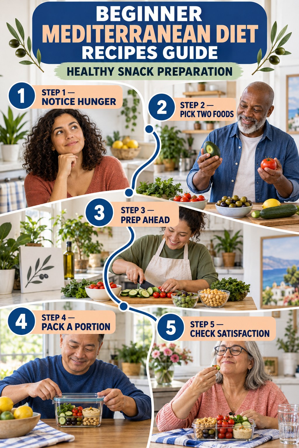 Mediterranean Diet Recipes beginner guide graphic showing five manageable stages for healthy snack preparation.