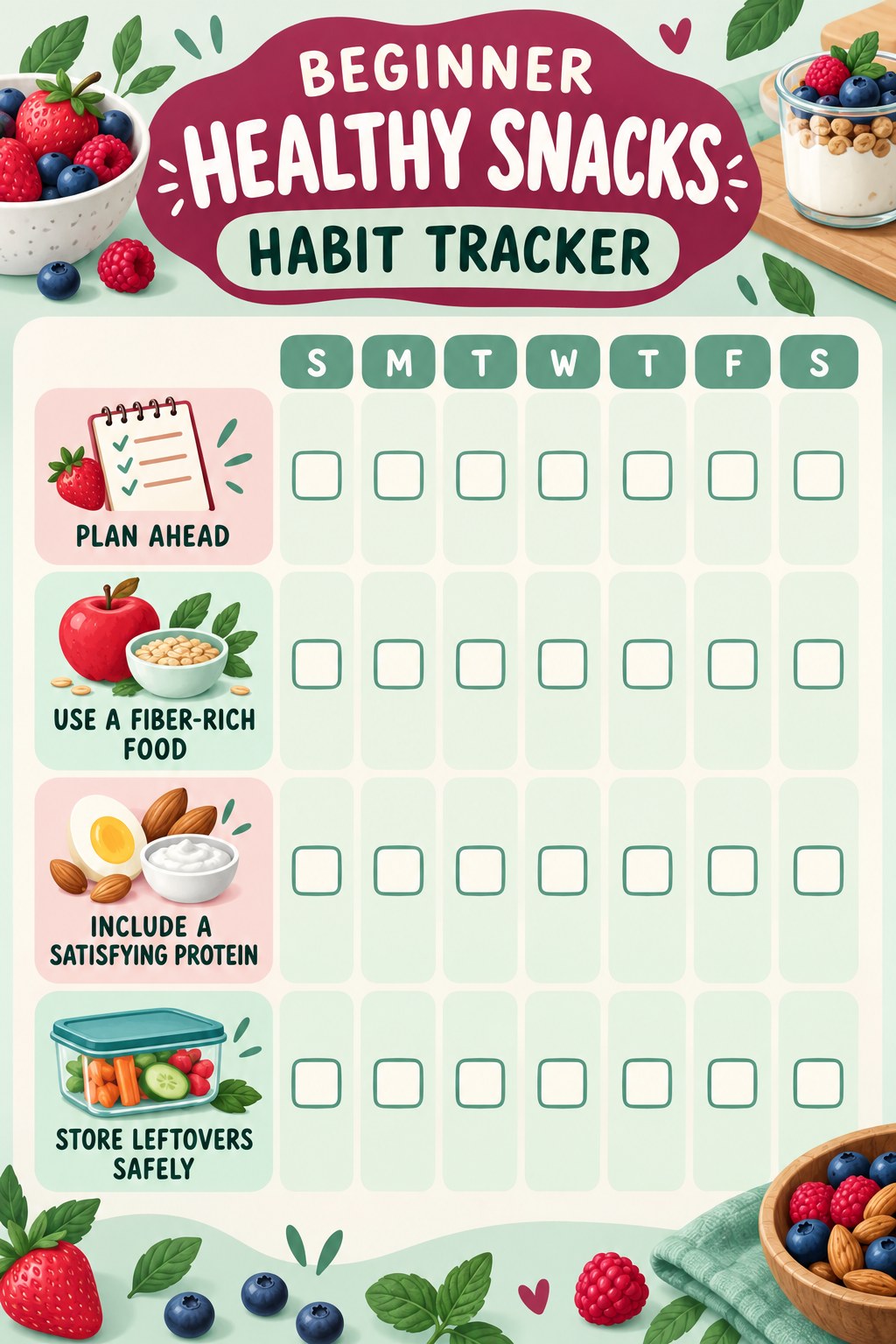 Beginner Healthy Snacks Habit Tracker infographic with checkboxes for plan ahead, use a fiber-rich food, include a satisfying protein, store leftovers safely.