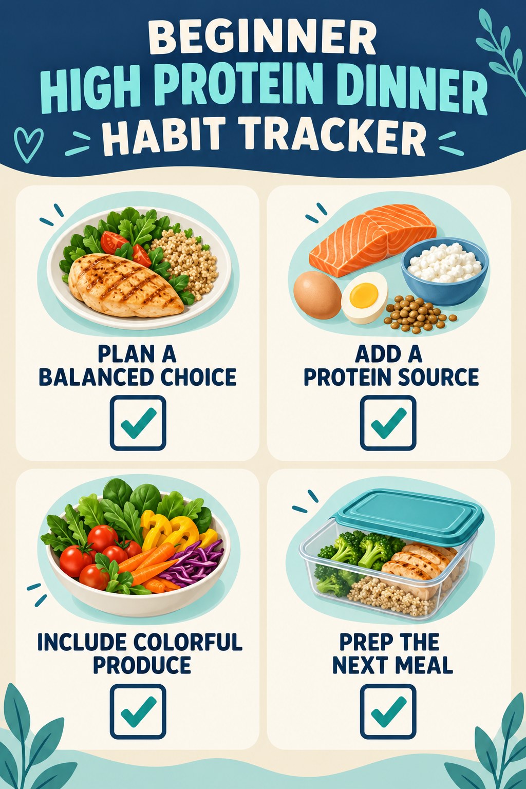 Beginner High Protein Dinner Habit Tracker infographic with checkboxes for plan a balanced choice, add a protein source, include colorful produce, prep the next meal.