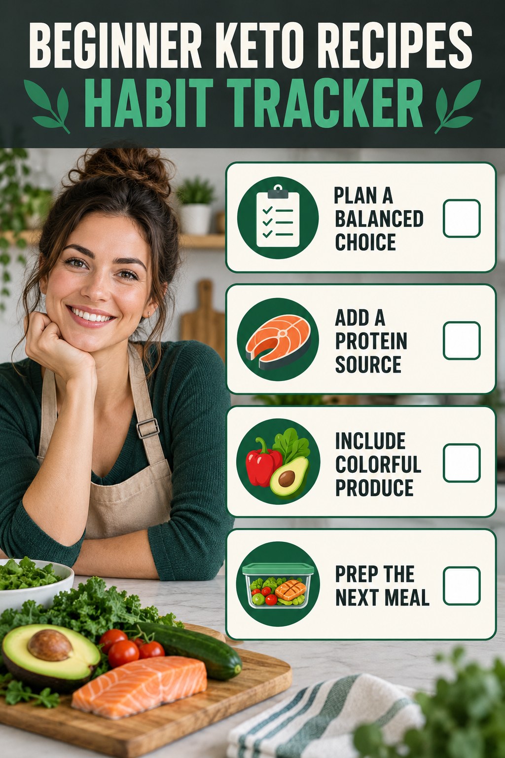 Beginner Keto Recipes Habit Tracker infographic with checkboxes for plan a balanced choice, add a protein source, include colorful produce, prep the next meal.
