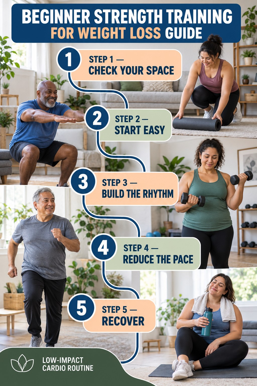 Strength Training for Weight Loss beginner guide graphic showing five manageable stages for low-impact cardio routine.