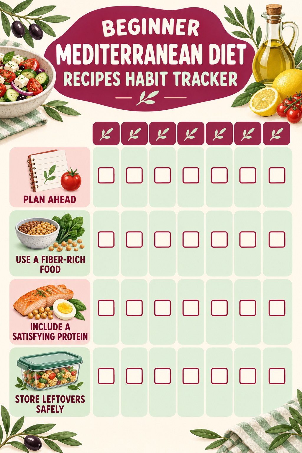 Beginner Mediterranean Diet Recipes Habit Tracker infographic with checkboxes for plan ahead, use a fiber-rich food, include a satisfying protein, store leftovers safely.