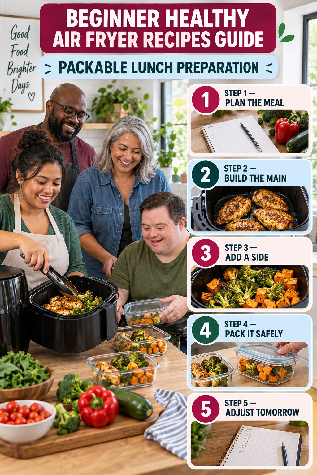 Healthy Air Fryer Recipes beginner guide graphic showing five manageable stages for packable lunch preparation.