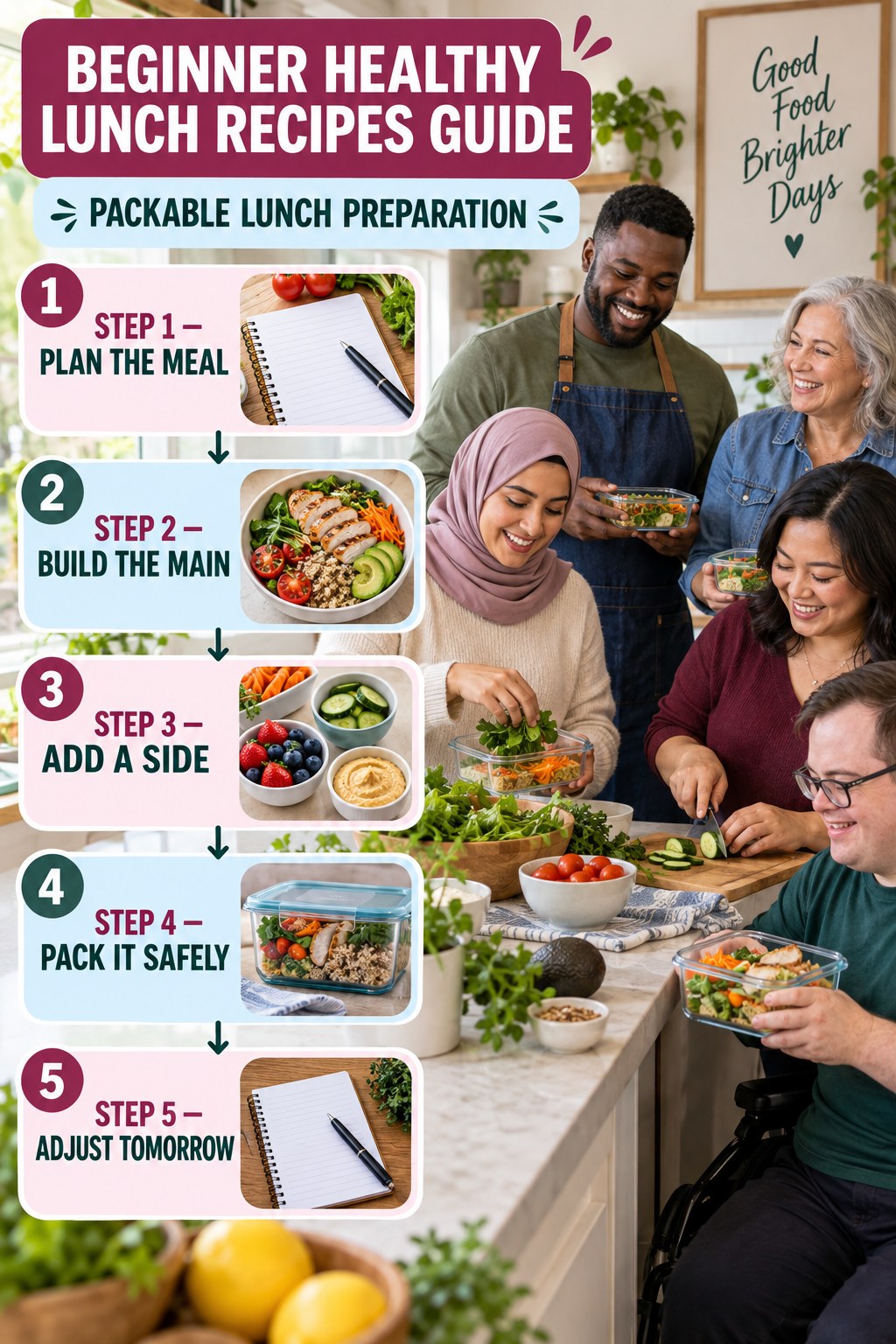 Healthy Lunch Recipes beginner guide graphic showing five manageable stages for packable lunch preparation.