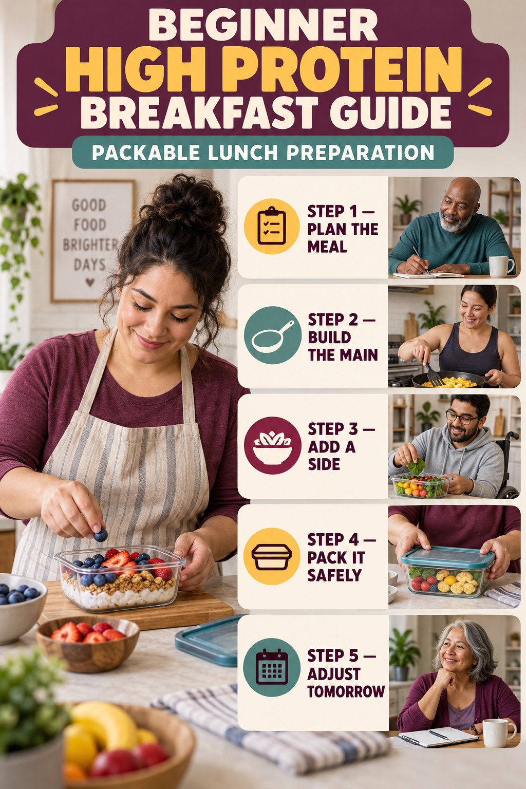 High Protein Breakfast beginner guide graphic showing five manageable stages for packable lunch preparation.