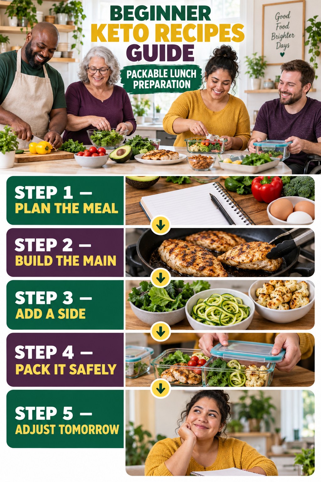 Keto Recipes beginner guide graphic showing five manageable stages for packable lunch preparation.