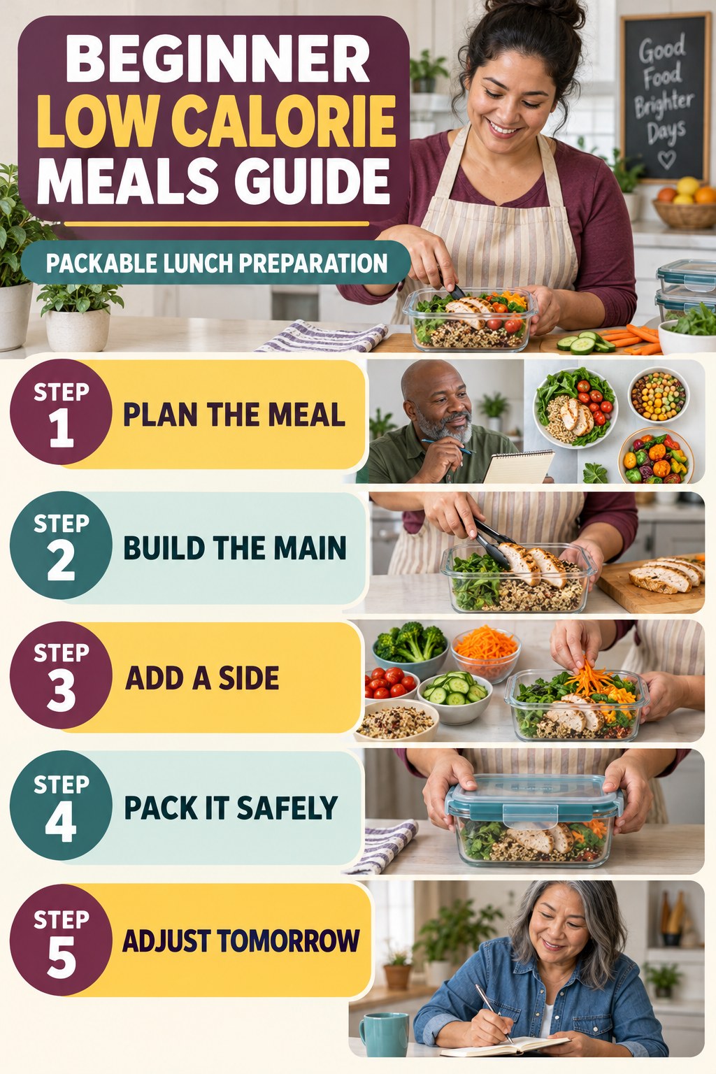Low Calorie Meals beginner guide graphic showing five manageable stages for packable lunch preparation.